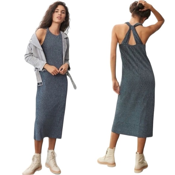 Maeve Anthropologie NWT Adrienne Twist-Back Velvet Midi Dress Black/Gray Sz XS - Picture 1 of 15